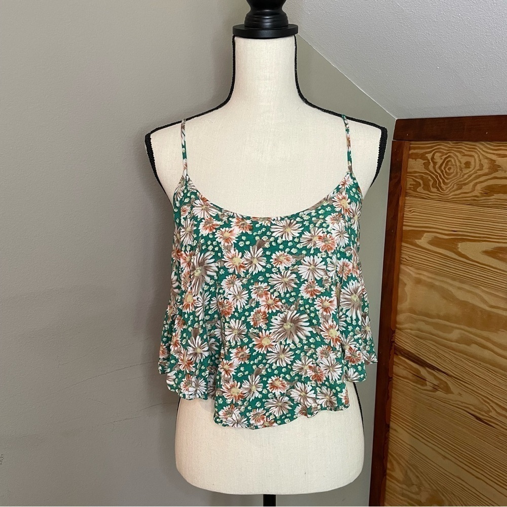 Timing Green Floral Spaghetti Strap Flowy Crop Tank Top Large